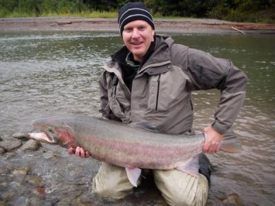 The photo of the week shows Gary Dickenson of Santa Rosa, California with a huge Zymoetz (Copper) River Steelhead caught on October 6, 2007  This could very well be the fly caught record for this river, unless someone else knows of a bigger one.  Let me k